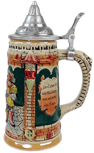 Classic Germany Castle Festive Scene Engraved Beer Stein with Ornate Metal Lid